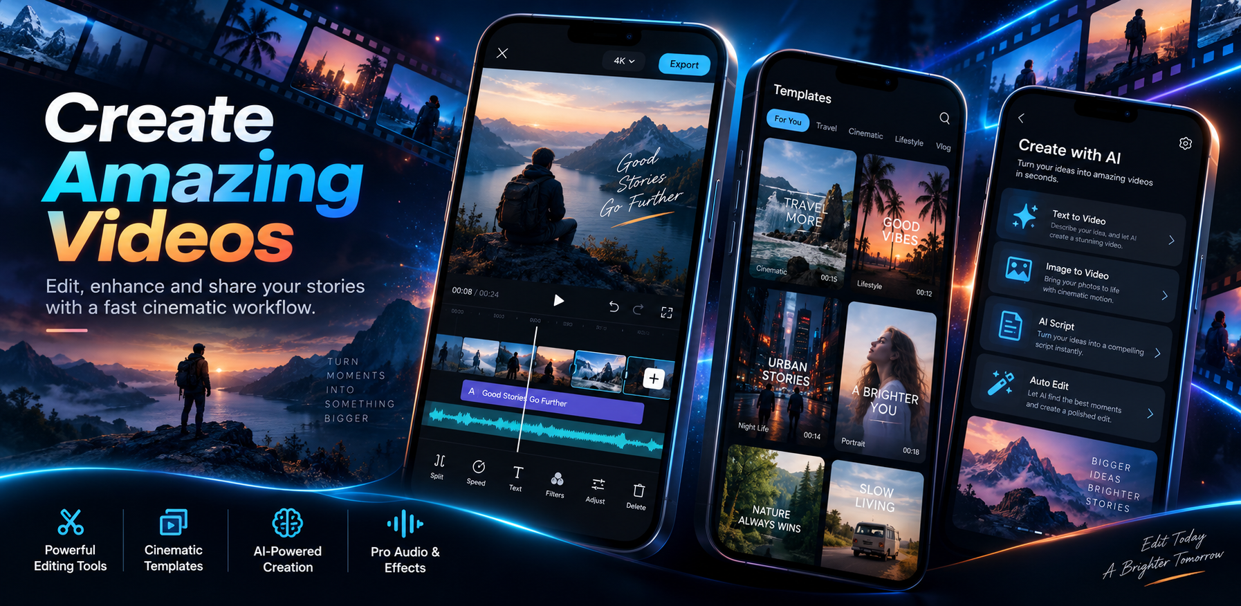 DaVinci Resolve mobile video editor interface with templates and AI tools